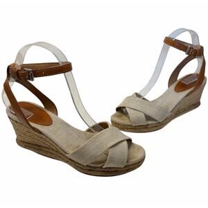 Coach Henley Beige Brown Ankle Strap Wedge Espadrille Sandals Womans 7 B Preppy